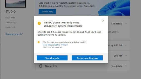 Windows PC Health Check showing a missing TPM component