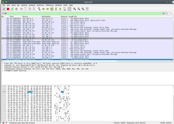 Screenshot of using the display filter in Wireshark to show only TLS traffic