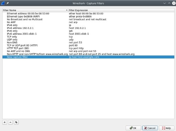 Screenshot of Wireshark capture filters option