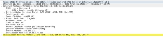 Screenshot of Wireshark and an IPv4 header