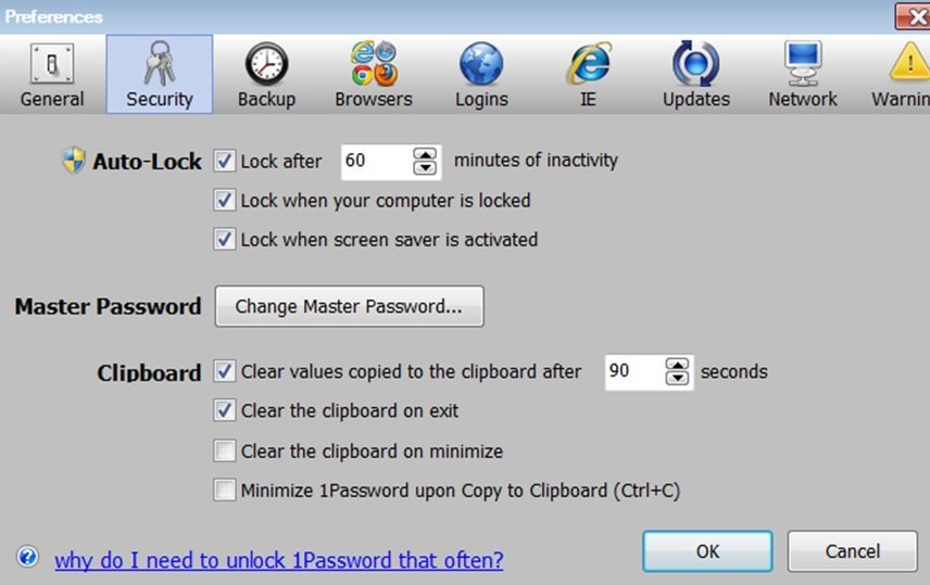 A view of the password management options available from 1Password.