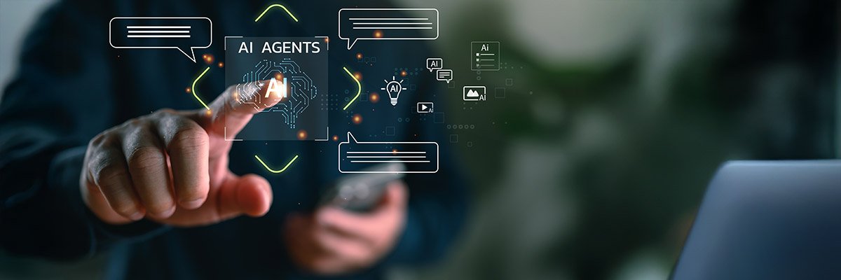 Businessman using AI agent interface for smart automation and digital communication. Concept of artificial intelligence, chatbot, virtual assistant, and generative AI technology.